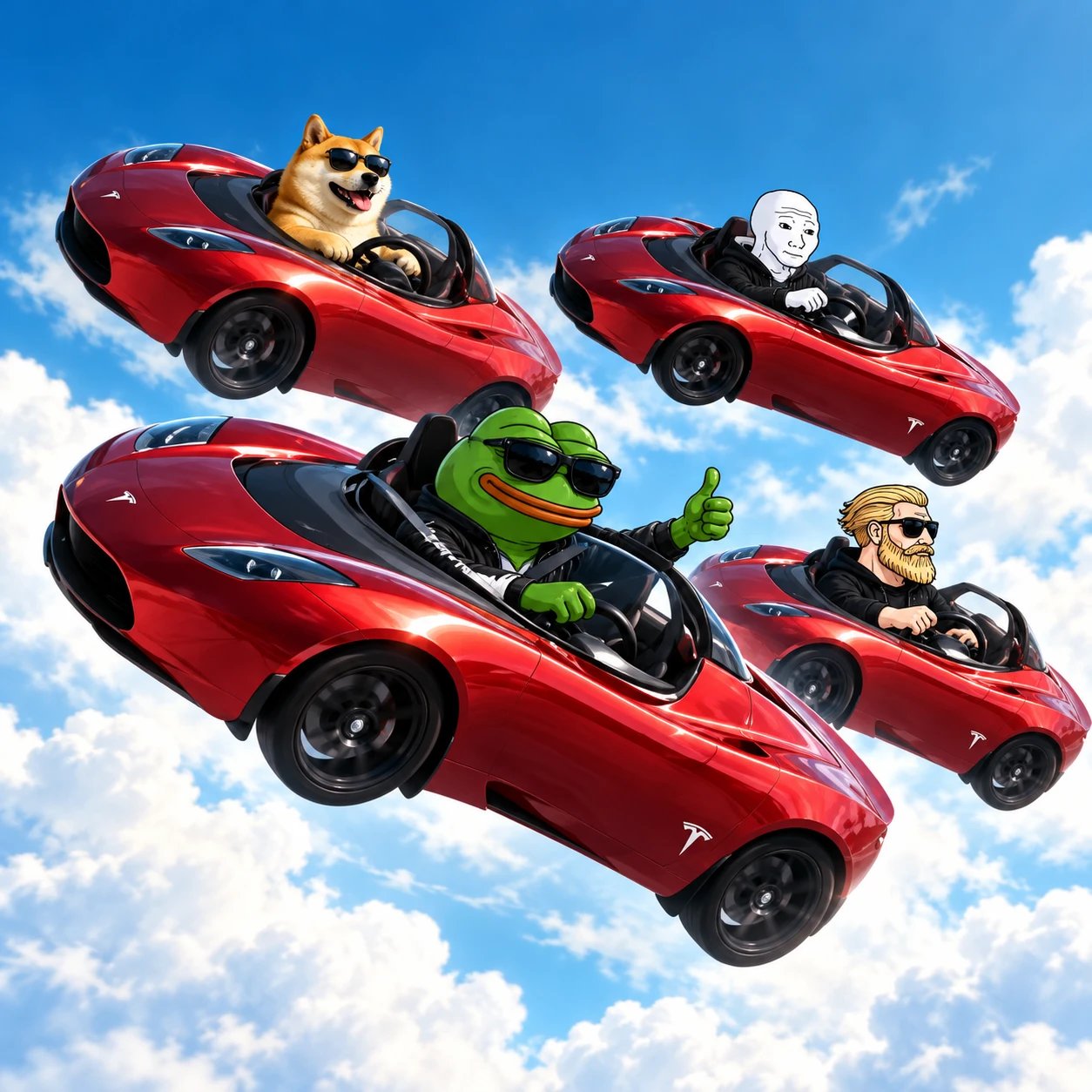 Four red Roadsters flying with Doge, Wojak, Pepe and Super Inu at the wheel
